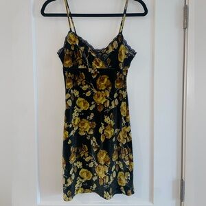 Velvet Floral Slip Dress with Yellow Roses